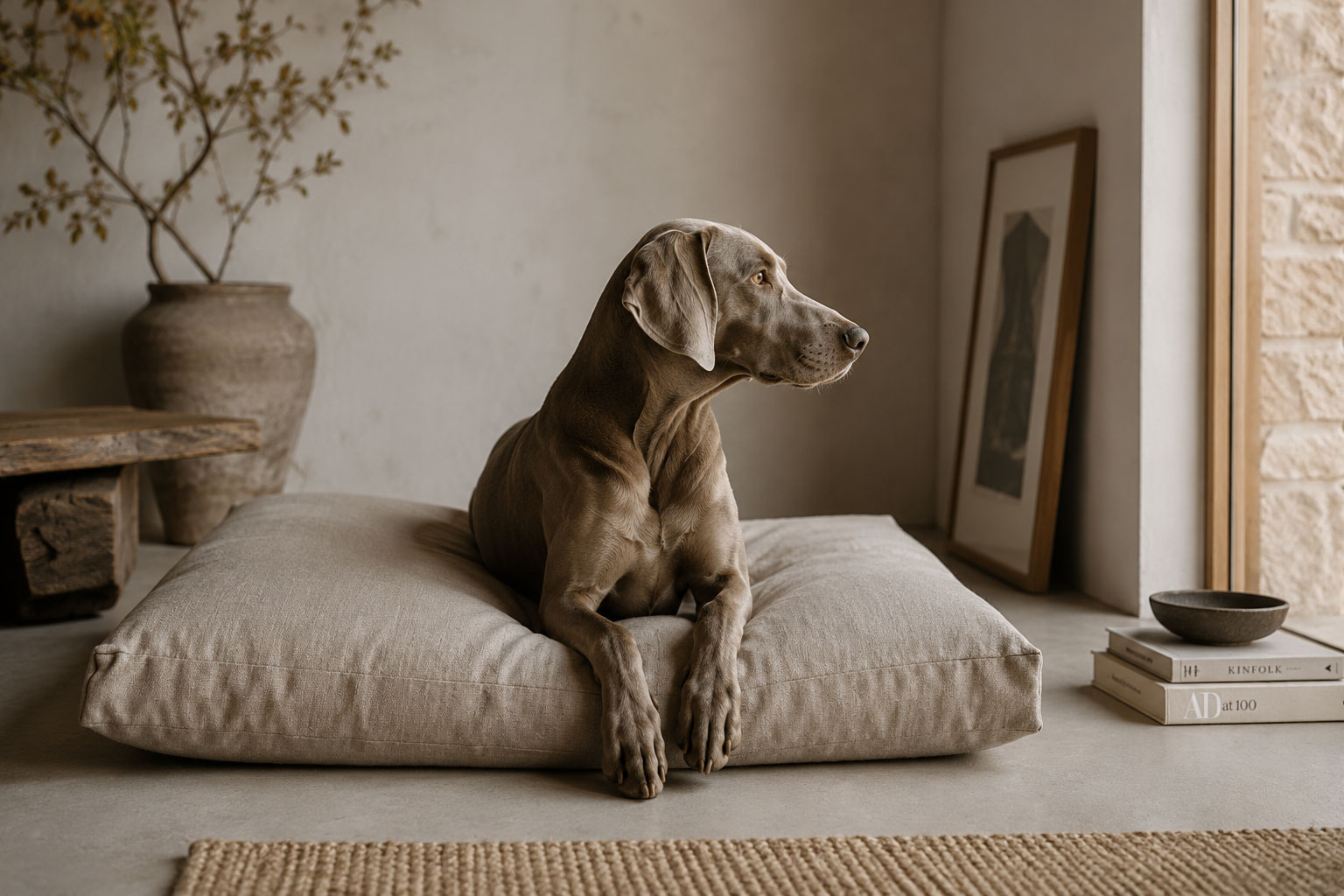 Cane tranquillo in un ambiente minimalista, su cuscino per cani brancafarm